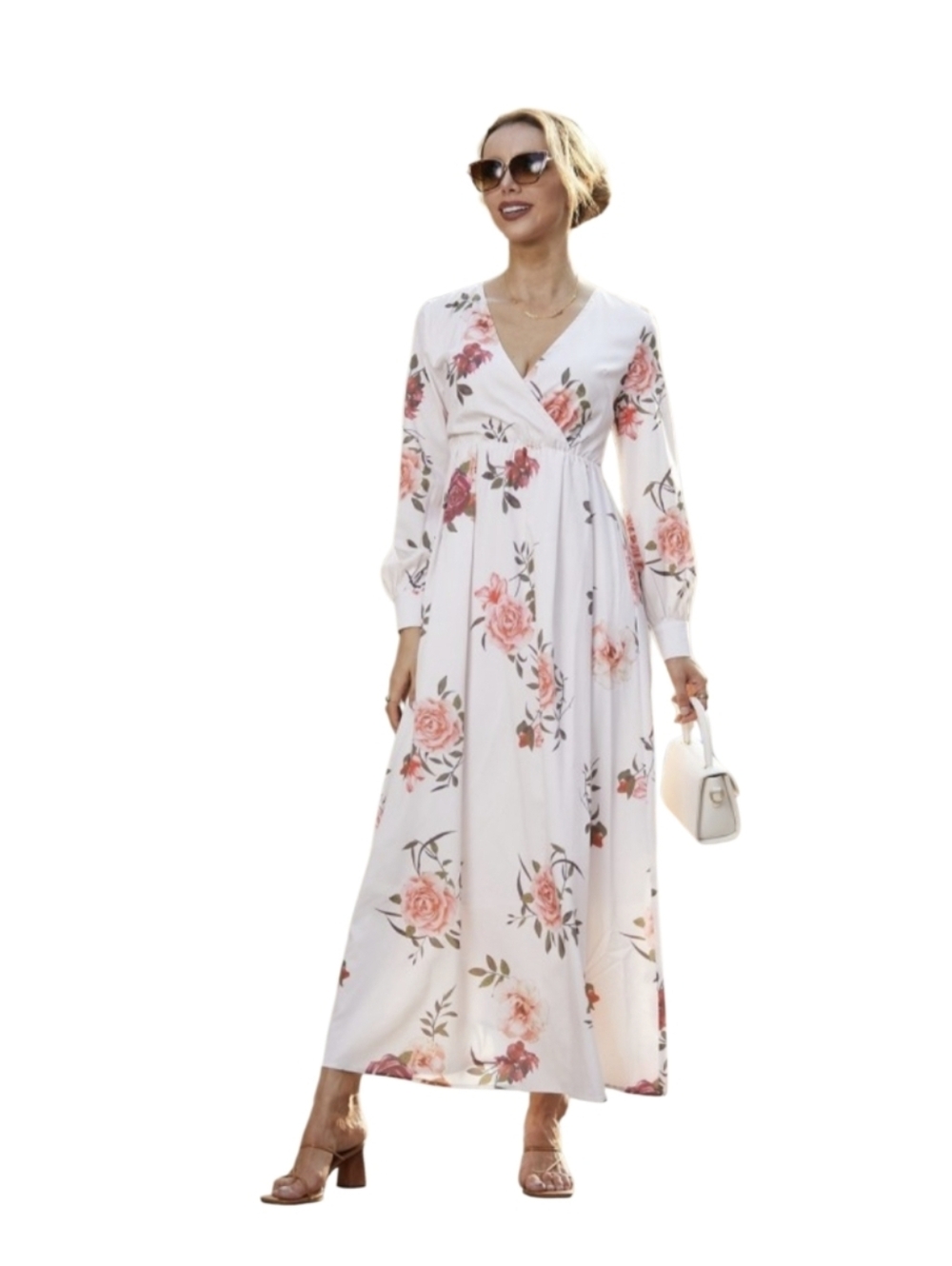 #6062  THJS Floral Wrap Maxi Dress in White with Pink Roses